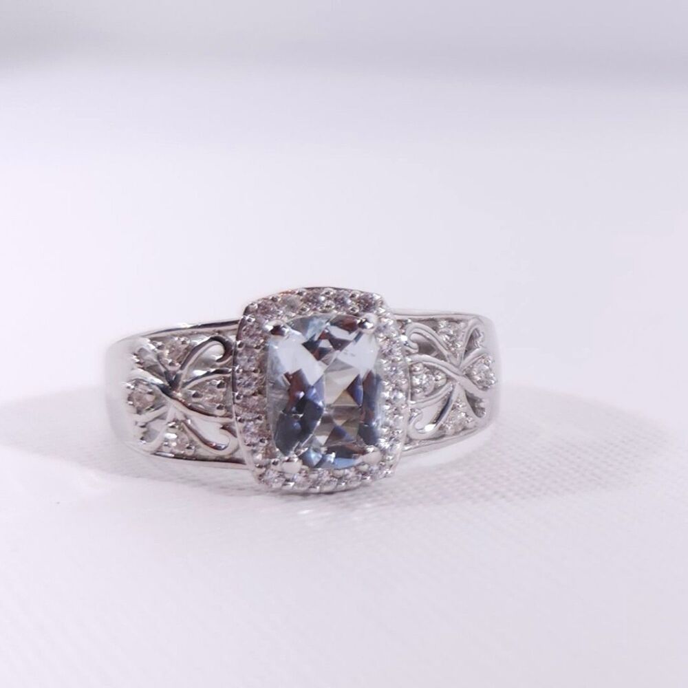 Aquamarine and Zircon Ring 1.1 Carats Size 8